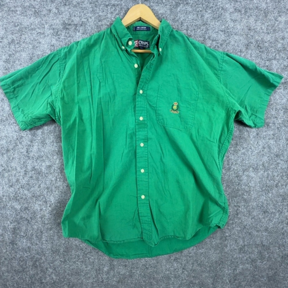 Chaps Ralph Lauren Button Down Shirt Mens L Green Short Sleeve Crest Logo